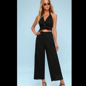 Lulus Peekaboo Black Cutout Tie-Front Halter Jumpsuit with Open Back
